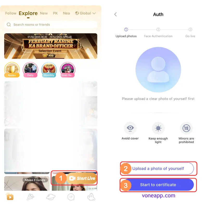 how-to-start-live-on-vone-app